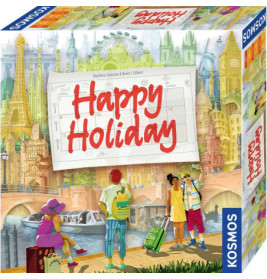 Spielschachtel von Happy Holiday mit Reisenden und Gepäck vor bunten Welt-Sehenswürdigkeiten.