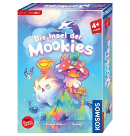 Bunte Brettspielschachtel Die Insel der Mookies mit fantasievollen Kreaturen und verspieltem Artwork.