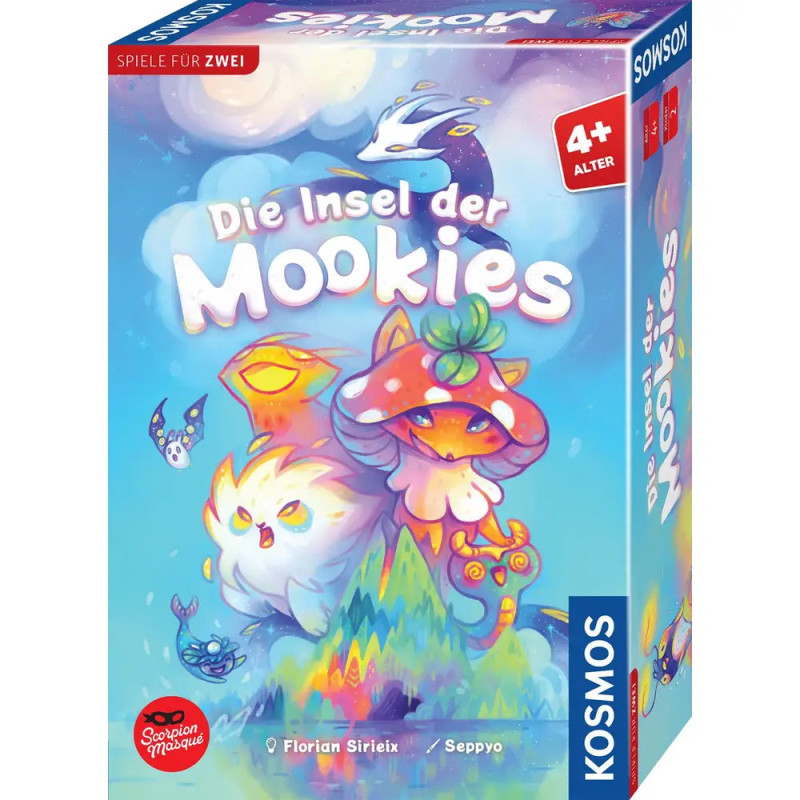Bunte Brettspielschachtel Die Insel der Mookies mit fantasievollen Kreaturen und verspieltem Artwork.