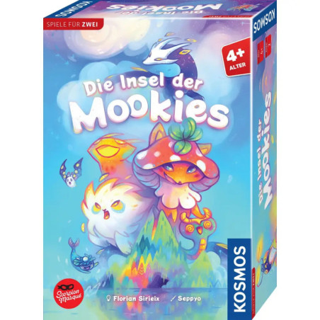 Bunte Brettspielschachtel Die Insel der Mookies mit fantasievollen Kreaturen und verspieltem Artwork.