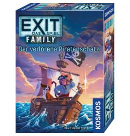 Spielschachtel mit Piraten auf einem Schiff unter Totenkopfflagge und dem Titel EXIT Family: Der verlorene Piratenschatz.