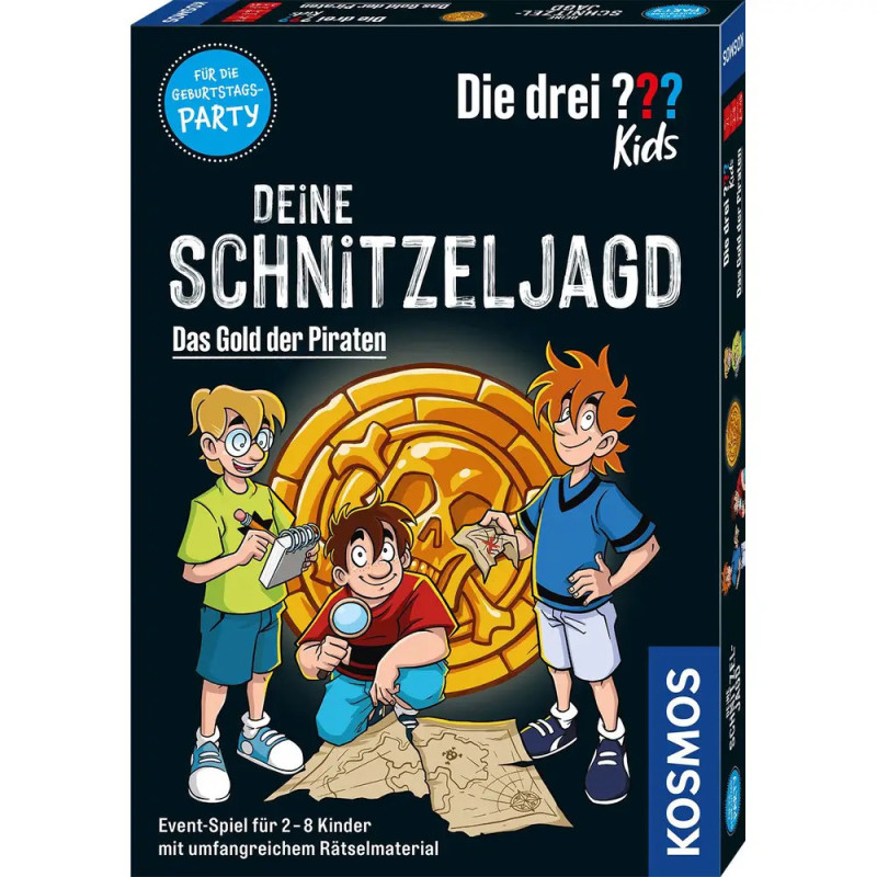 Box-Cover von Die drei ??? Kids: Deine Schnitzeljagd mit drei gezeichneten Kindern und einer goldenen Piratenmünze.