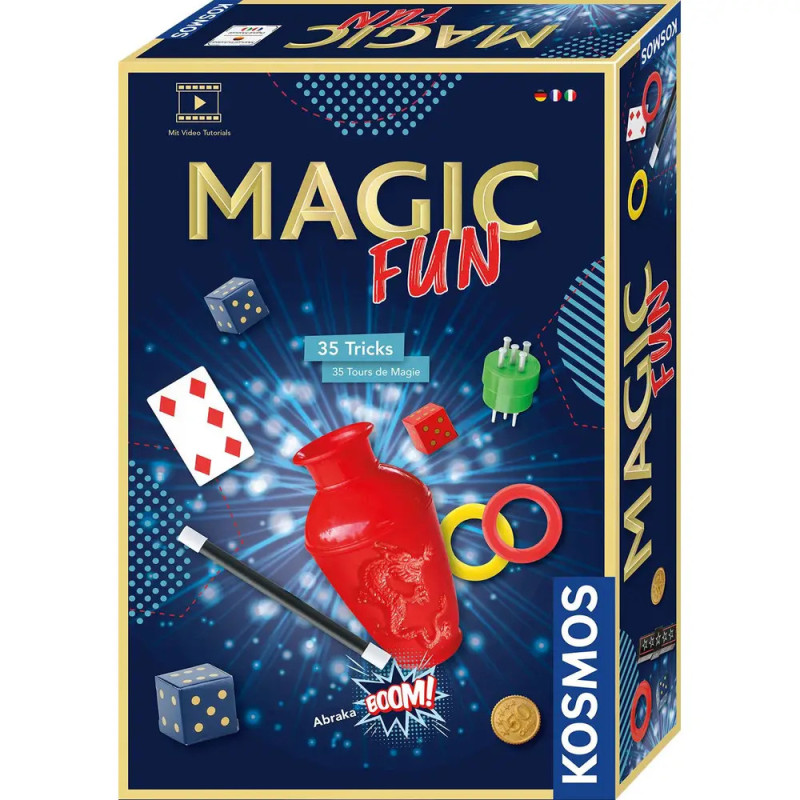 Magic Fun Kit Box mit Spielkarten, Ringen, Zauberstab, roter Vase und dem Aufdruck "35 Tricks" sowie "KOSMOS".