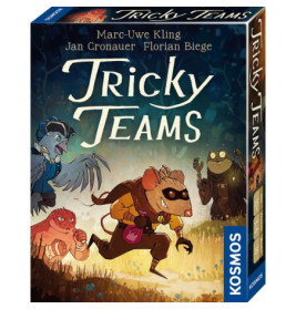 Der Spielekarton von Tricky Teams zeigt verkleidete Tiere, die nachts durch einen Wald schleichen.