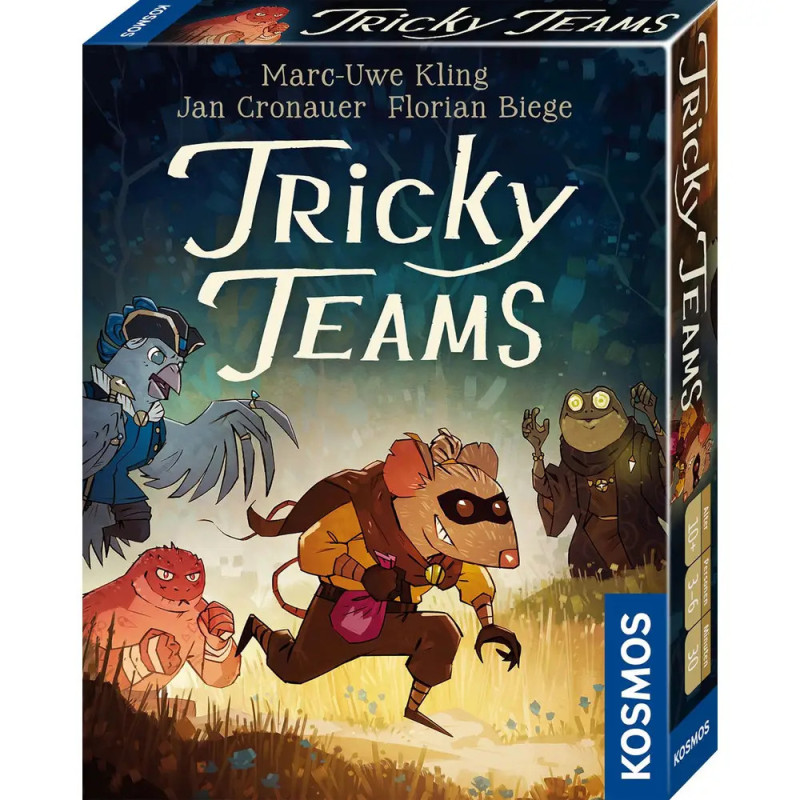 Der Spielekarton von Tricky Teams zeigt verkleidete Tiere, die nachts durch einen Wald schleichen.