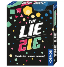 Bunte Spieleschachtel The Lie mit geometrischen Formen auf schwarzem Hintergrund.