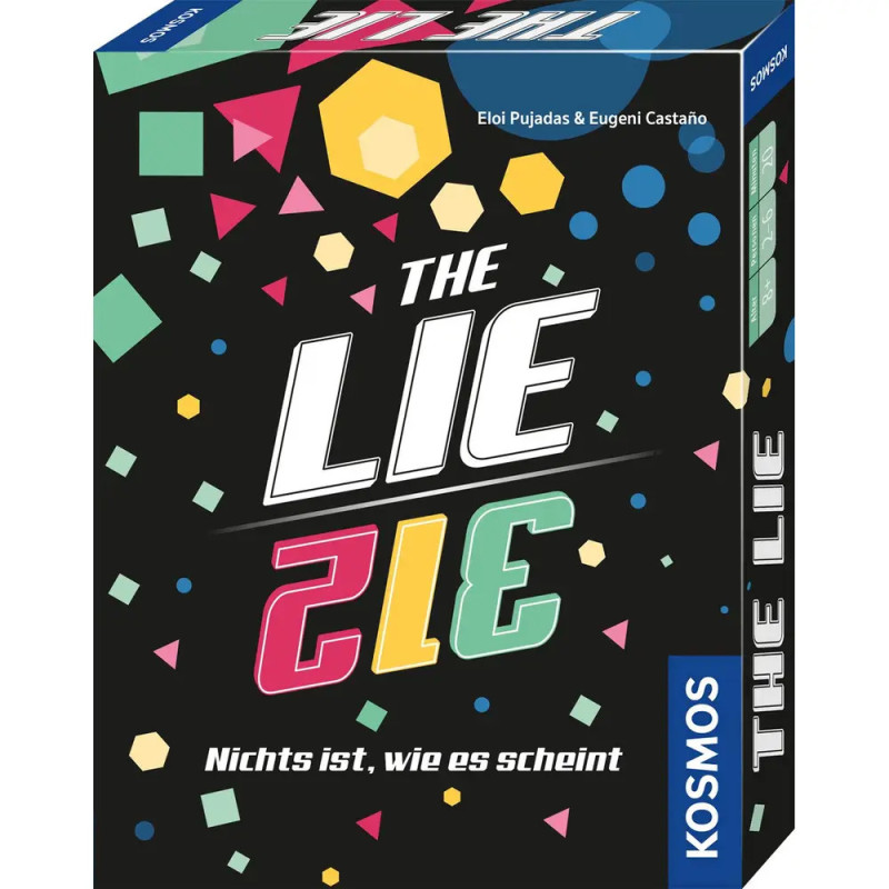 Bunte Spieleschachtel The Lie mit geometrischen Formen auf schwarzem Hintergrund.