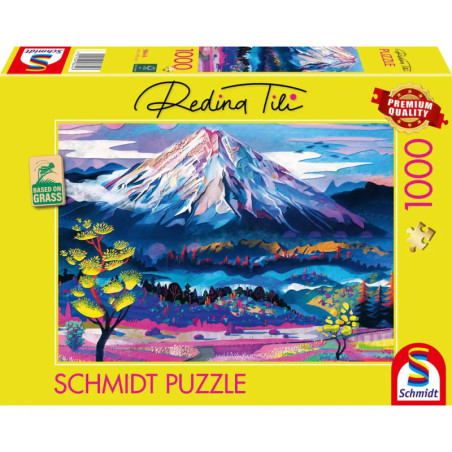 Schmidt Puzzle mit 1000 Teilen: Bunte Berglandschaft und farbenfrohe Pflanzen auf dem Karton abgebildet.