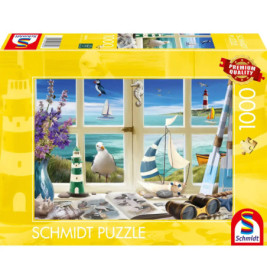 Schmidt Puzzle mit 1000 Teilen, Motiv: Küstenlandschaft mit Leuchttürmen, Segelbooten und Möwen.