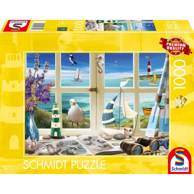 Schmidt Puzzle mit 1000 Teilen, Motiv: Küstenlandschaft mit Leuchttürmen, Segelbooten und Möwen.
