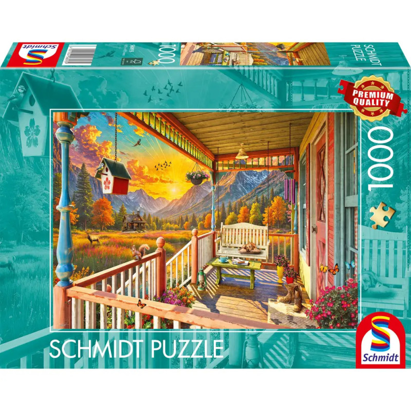 Eine bunte Puzzlebox zeigt eine Veranda mit Bank, Blumen, Bergen und einem Vogelhaus im Vordergrund.