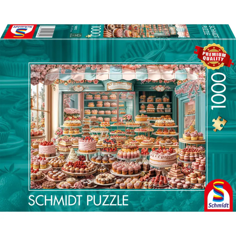 Eine Bäckerei-Puzzlebox mit Regalen voller bunter Gebäckstücke, Kuchen und Desserts.