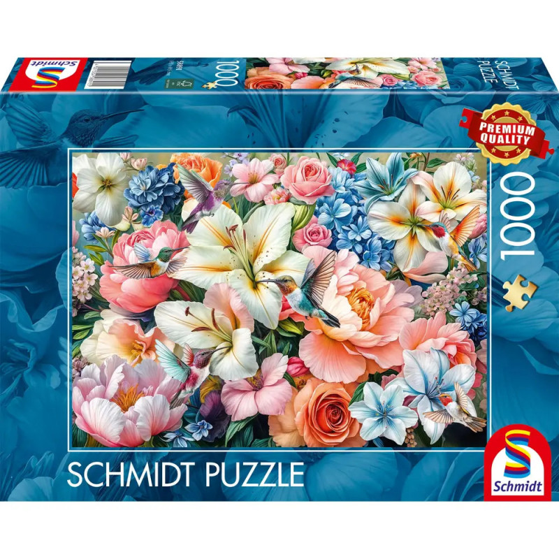 Schmidt Puzzle mit 1000 Teilen, zeigt bunte Blumen, Kolibris und das Premium Quality-Siegel auf der Schachtel.