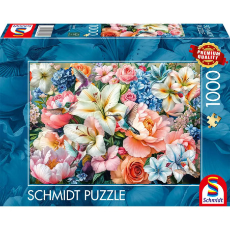 Schmidt Puzzle mit 1000 Teilen, zeigt bunte Blumen, Kolibris und das Premium Quality-Siegel auf der Schachtel.