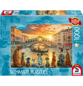 Hunde und Katzen beobachten bei Sonnenuntergang eine Gondel in Venedig 1000-Teile-Schmidt-Puzzlebox.