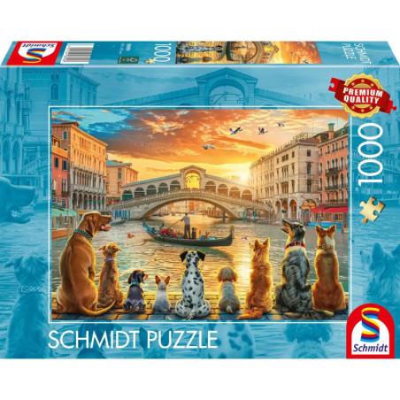 Hunde und Katzen beobachten bei Sonnenuntergang eine Gondel in Venedig 1000-Teile-Schmidt-Puzzlebox.