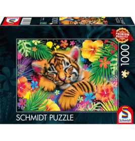 Eine bunte Puzzlebox mit einem schlafenden Tigerbaby, umgeben von tropischen Blumen und Blättern.