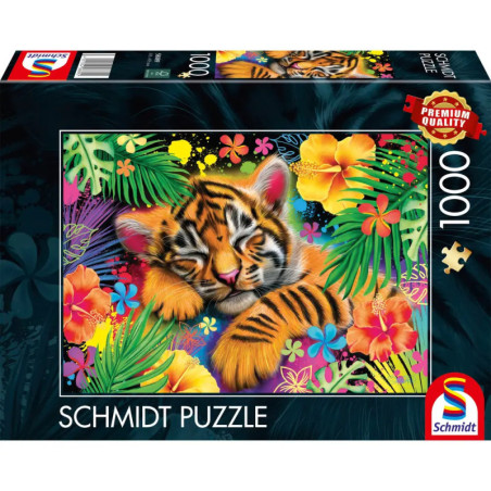 Eine bunte Puzzlebox mit einem schlafenden Tigerbaby, umgeben von tropischen Blumen und Blättern.