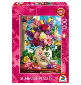 Schmidt Puzzle mit 1000 Teilen: Vase mit bunten Blumen und Teetassen auf einem Tisch abgebildet.