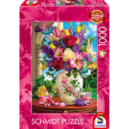 Schmidt Puzzle mit 1000 Teilen: Vase mit bunten Blumen und Teetassen auf einem Tisch abgebildet.
