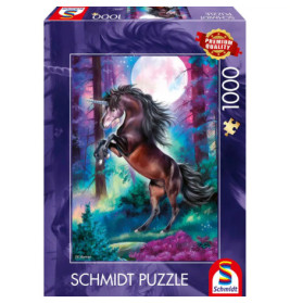 Schmidt Puzzle mit 1000 Teilen: Ein steigendes Einhorn im bunten Wald bei Vollmond ziert die Verpackung.
