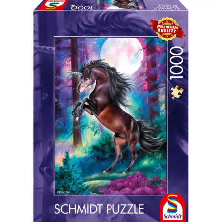 Schmidt Puzzle mit 1000 Teilen: Ein steigendes Einhorn im bunten Wald bei Vollmond ziert die Verpackung.