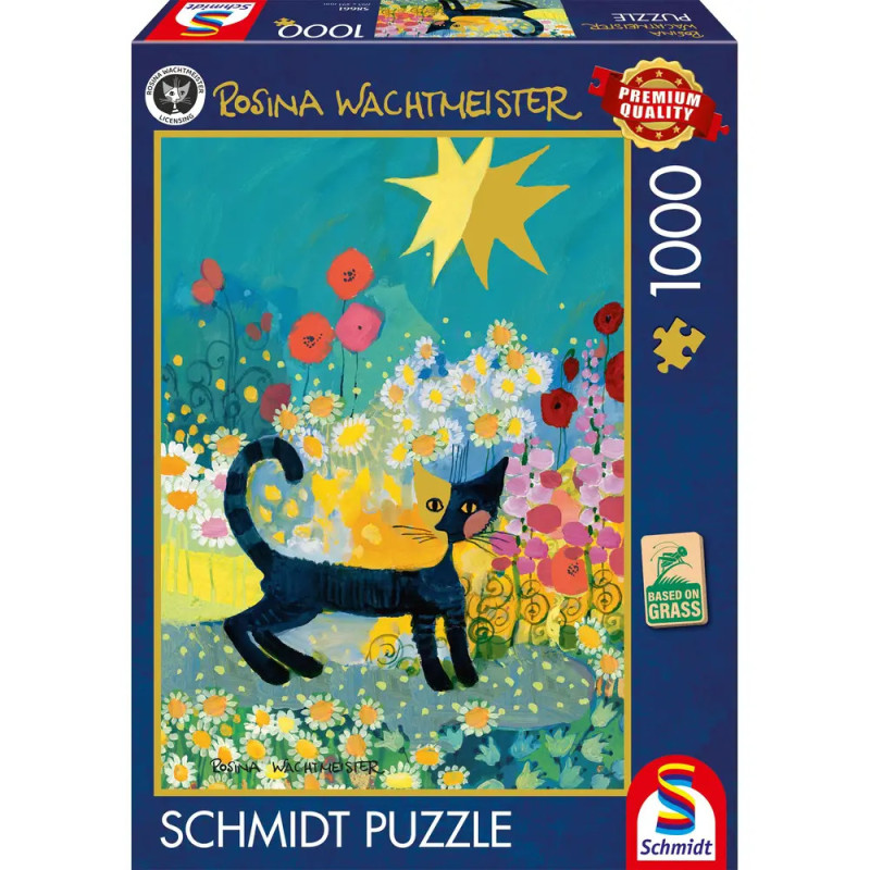 Puzzlebox mit 1000 Teilen, Motiv: schwarze Katze zwischen Blumen im Sonnenschein, Design von Rosina Wachtmeister.