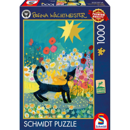 Puzzlebox mit 1000 Teilen, Motiv: schwarze Katze zwischen Blumen im Sonnenschein, Design von Rosina Wachtmeister.