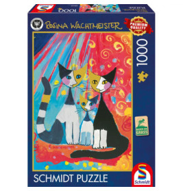 Puzzlebox mit buntem, abstraktem Katzenmotiv vor lebhaftem, wirbelndem Hintergrund. 1000 Teile.