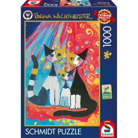 Puzzlebox mit buntem, abstraktem Katzenmotiv vor lebhaftem, wirbelndem Hintergrund. 1000 Teile.