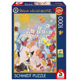 Schmidt Puzzle (1000 Teile) mit Katze, Schmetterlingen, Blumen und Sonne von Rosina Wachtmeister auf bunter Box.