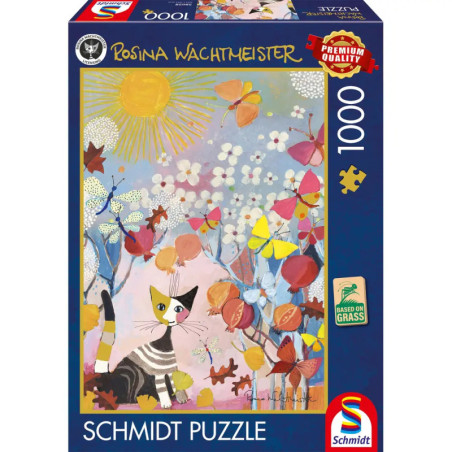 Schmidt Puzzle (1000 Teile) mit Katze, Schmetterlingen, Blumen und Sonne von Rosina Wachtmeister auf bunter Box.