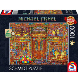 Illustration eines bunten Glasgeschäfts auf einer 1000-teiligen Schmidt-Puzzlebox von Michael Fishel.