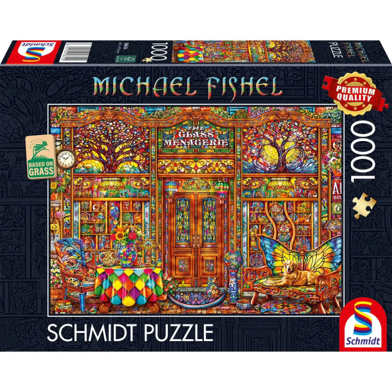 Illustration eines bunten Glasgeschäfts auf einer 1000-teiligen Schmidt-Puzzlebox von Michael Fishel.