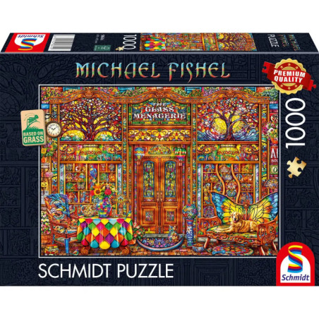 Illustration eines bunten Glasgeschäfts auf einer 1000-teiligen Schmidt-Puzzlebox von Michael Fishel.