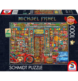 Bunte Puzzlebox mit Antiquitätengeschäft, detailreicher Fassade sowie rotem Motorrad und Oldtimer davor.