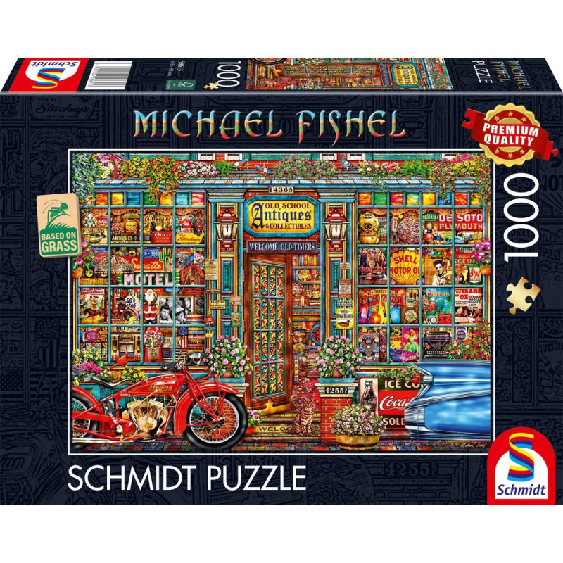Bunte Puzzlebox mit Antiquitätengeschäft, detailreicher Fassade sowie rotem Motorrad und Oldtimer davor.