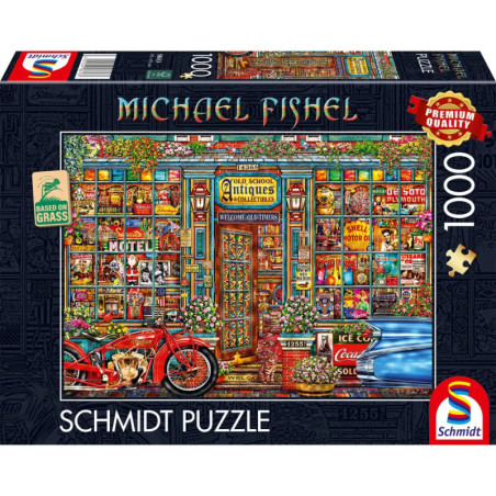 Bunte Puzzlebox mit Antiquitätengeschäft, detailreicher Fassade sowie rotem Motorrad und Oldtimer davor.