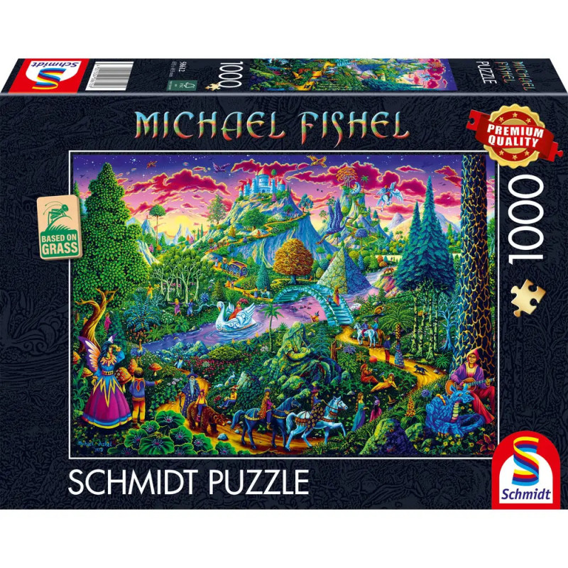 Bunte Fantasie-Puzzlebox mit Michael Fishel-Motiv, Schmidt Puzzle, 1000 Teile.