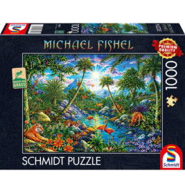 Schmidt Puzzle mit 1000 Teilen, zeigt eine bunte Dschungelszene mit Tieren, Fluss und strahlendem Sonnenlicht.