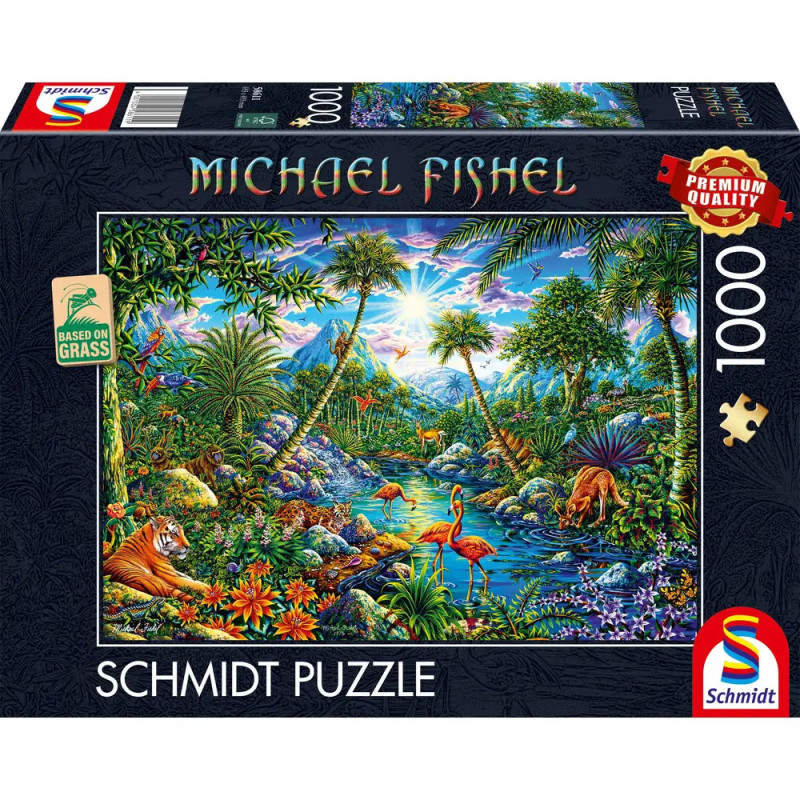 Schmidt Puzzle mit 1000 Teilen, zeigt eine bunte Dschungelszene mit Tieren, Fluss und strahlendem Sonnenlicht.