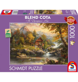 Schmidt Puzzle (1000 Teile): Das Motiv zeigt ein Cottage am Fluss in herbstlicher Berglandschaft.