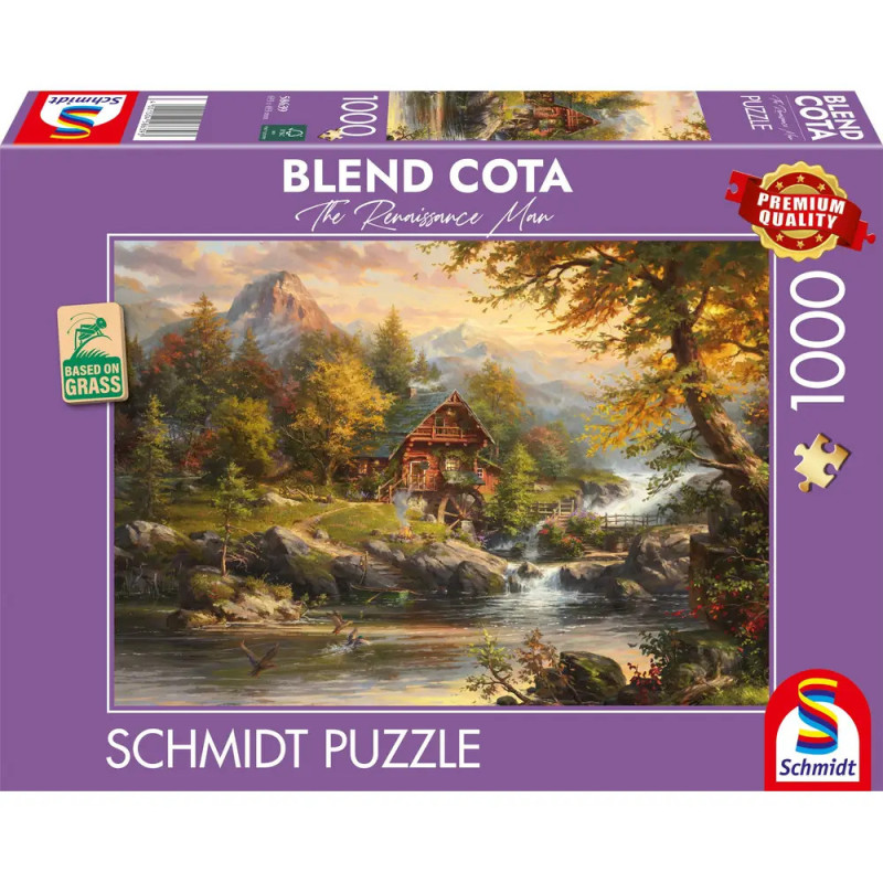 Schmidt Puzzle (1000 Teile): Das Motiv zeigt ein Cottage am Fluss in herbstlicher Berglandschaft.