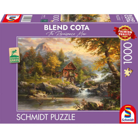 Schmidt Puzzle (1000 Teile): Das Motiv zeigt ein Cottage am Fluss in herbstlicher Berglandschaft.