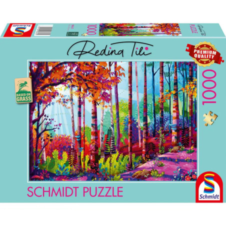 Schmidt Puzzlebox mit 1000 Teilen und herbstlichem Waldmotiv von Redina Tili in kräftigen Farben.