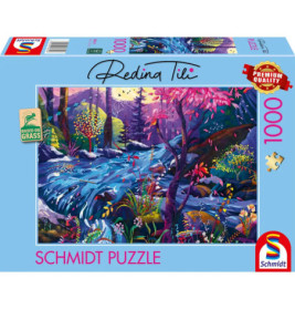 Bunte Puzzlebox mit lebhafter Waldszene, Fluss und Tieren enthält 1000 Teile.