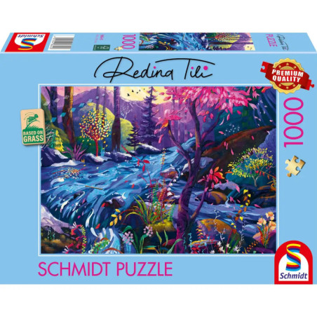Bunte Puzzlebox mit lebhafter Waldszene, Fluss und Tieren enthält 1000 Teile.