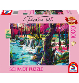 Schmidt Puzzle mit 1000 Teilen: Farbig bemalte Wasserfall-Szene, umgeben von rosa Bäumen.