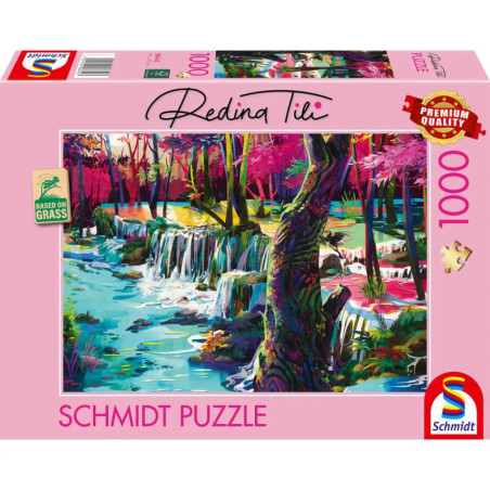Schmidt Puzzle mit 1000 Teilen: Farbig bemalte Wasserfall-Szene, umgeben von rosa Bäumen.
