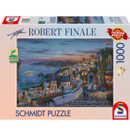 Schmidt Puzzlebox mit 1000 Teilen und einem bunten Küstendorf-Gemälde von Robert Finale.